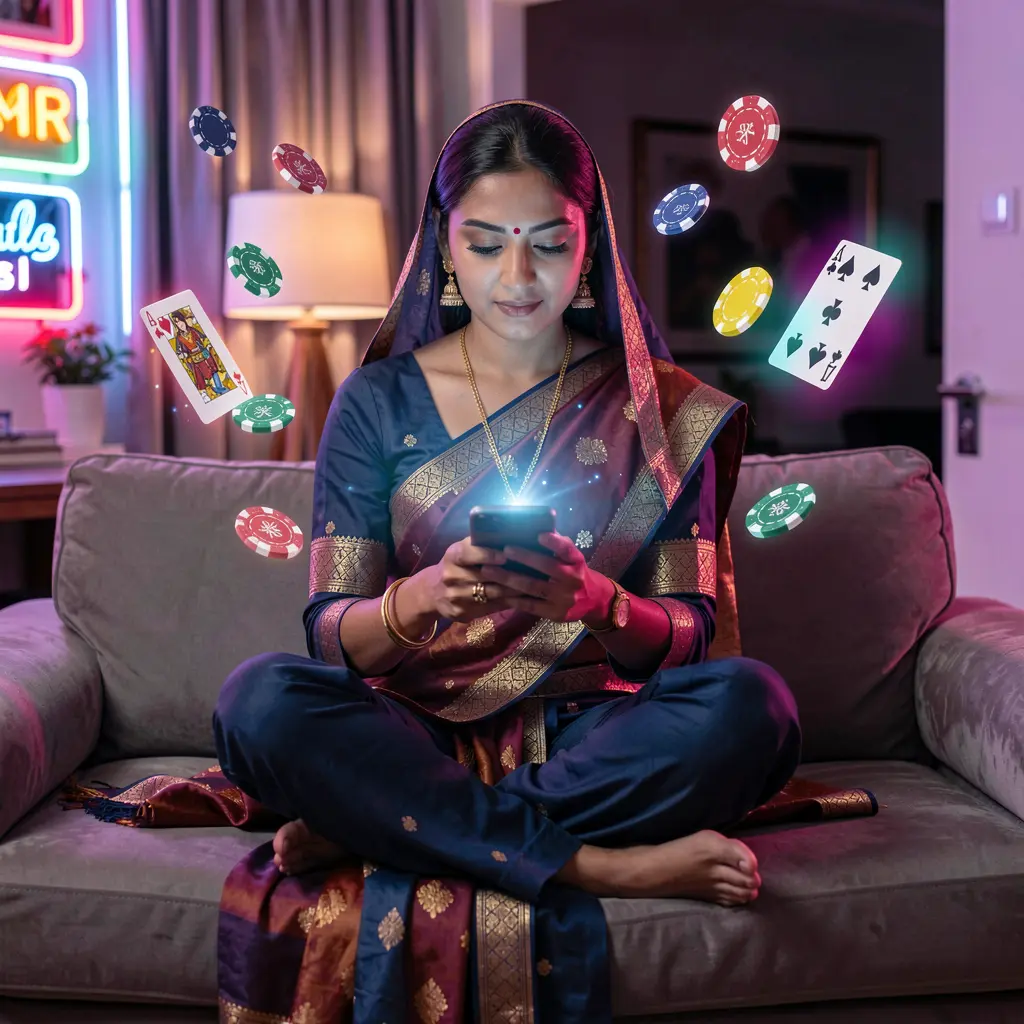 Young Bangladeshi woman relaxing on a sofa while using the 786JL COM casino app with glowing cards and chips floating around her