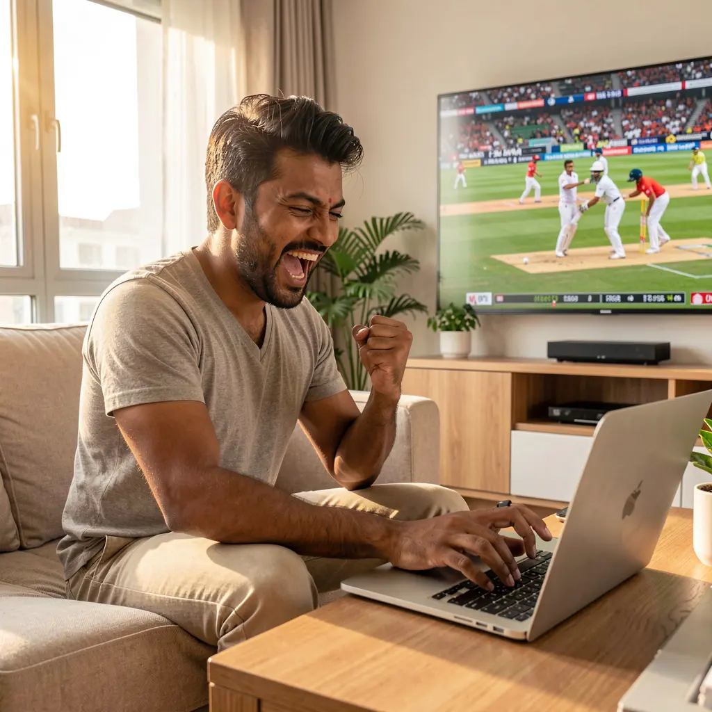 Happy Bangladeshi player celebrating a winning bet at home while watching live cricket and using the 786JL COM betting platform on a laptop
