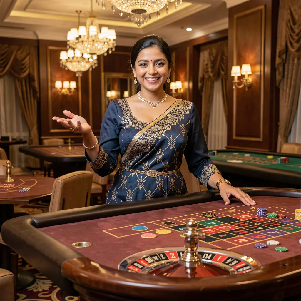 Elegant casino hostess welcoming players at a roulette table in a luxury gaming atmosphere at 786JL COM in Bangladesh